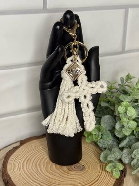 Handmade Cream Macramé Cross Keychain with Tassel